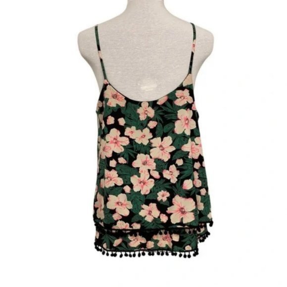 Bohemian tropical floral tiered lined camisole w pom pom fringe. Women’s size XL - Picture 3 of 6